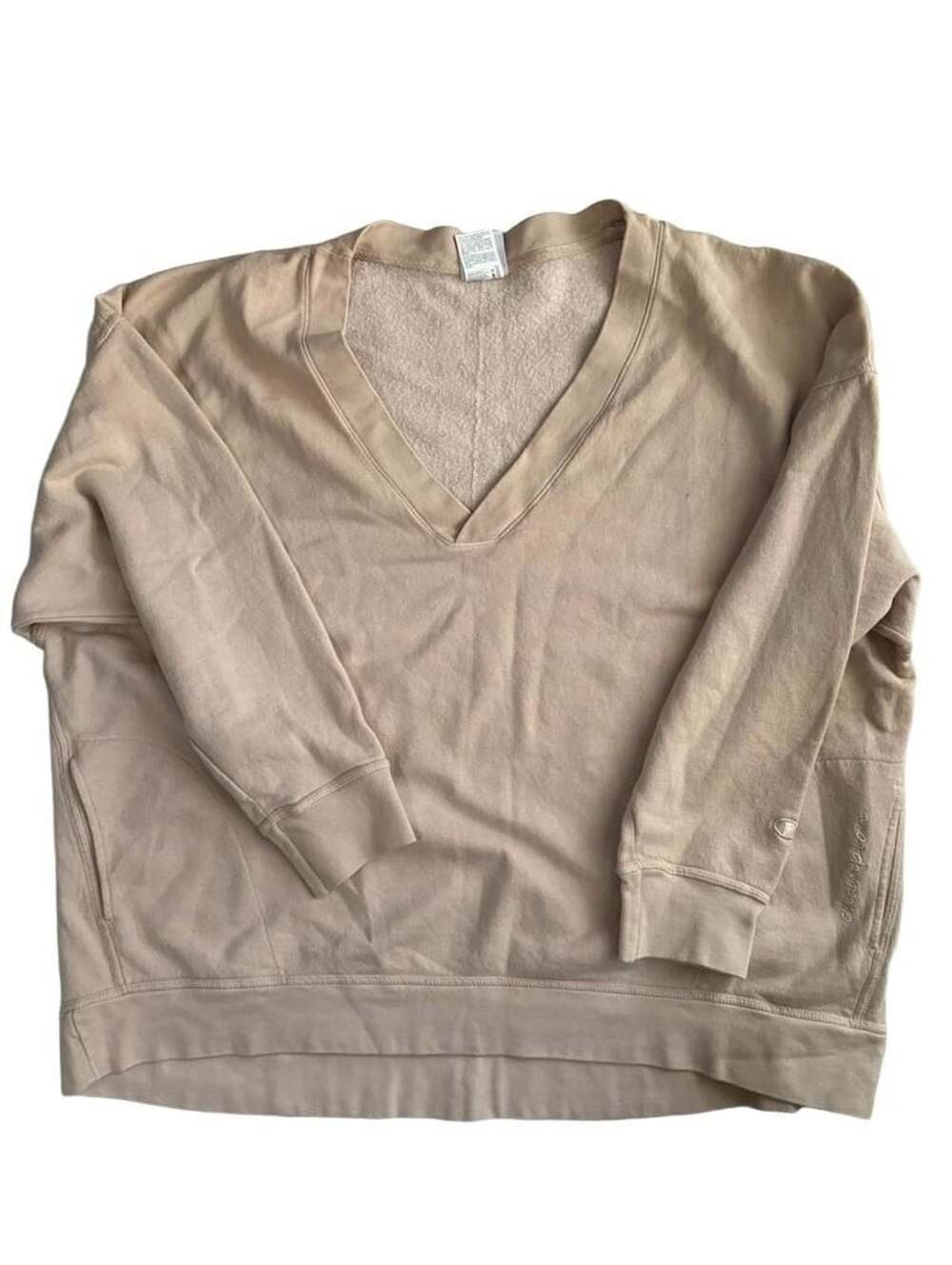 Champion Vintage Wash Oversized V-Neck Pullover Sweatshirt Tan Size 2XL